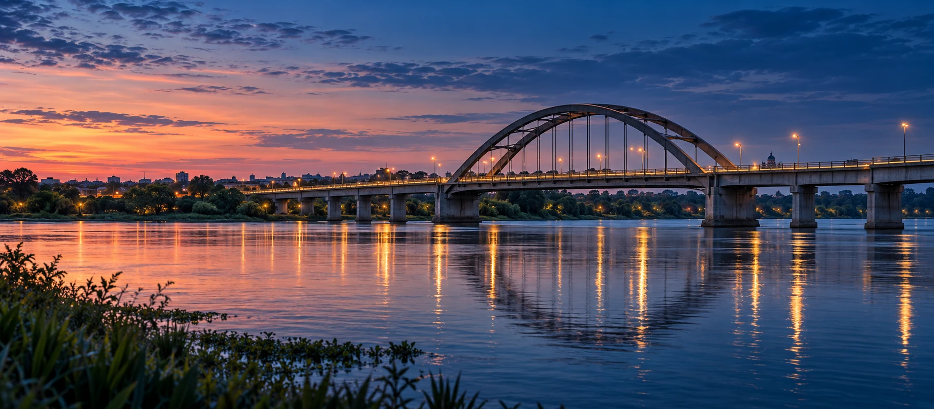 Recreación artística del Puente Carretero de Santo Tomé sobre el río Salado al atardecer